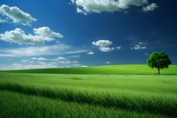 Fototapeta na wymiar Wallpaper Illustration and background of beautiful nature landscape of green fields. Concept of landscape for inspiration. Generative AI.