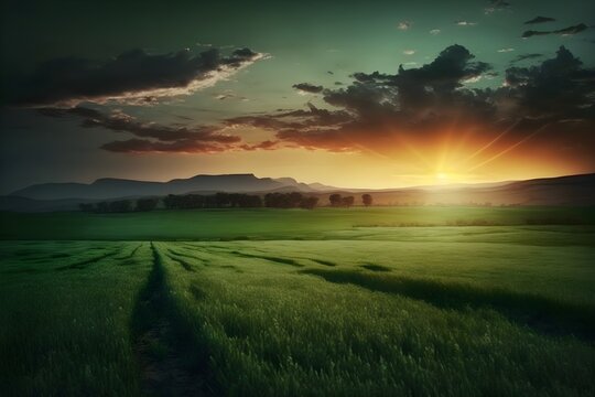 Wallpaper Illustration and background of beautiful nature landscape of green fields. Concept of landscape for inspiration. Generative AI.