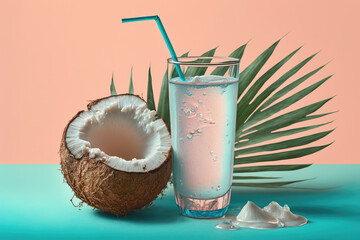 3d glass of coconut water illustration with a pastel backdrop made by generative ai