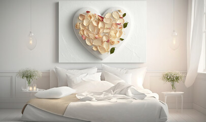  a white bed with a heart shaped painting on the wall.  generative ai