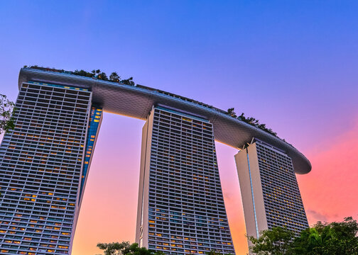 Singapore - Feb 25, 2020. Rear view upshot of part Marina Bay Sands