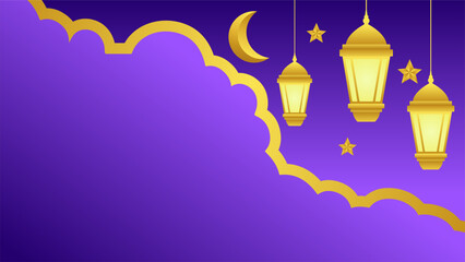 Ramadan background with lantern and star crescent for islamic design. Shiny purple background element with golden ornament for desain graphic ramadan greeting in muslim culture and islam religion