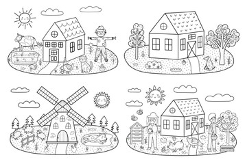Black and white farm landscapes set in cartoon style with farmhouses, animals and trees. Summer green meadow prints collection for coloring book. Outdoor garden background. Vector illustration