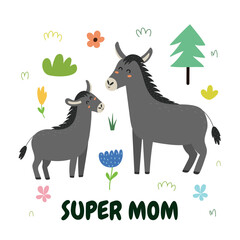 Super Mom print with a cute mother donkey and her baby foal. Funny animals family card for Mother’s Day. Vector illustration