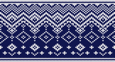 Blue and white knitting pattern, Festive Sweater Design. Seamless Knitted Pattern