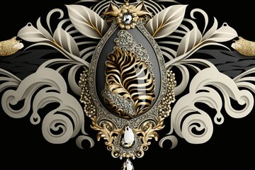 Style that is distinctly baroque. design for a necklace based on a variety of animals. leopard pendant with a baroque design. Patterns of leopard spots and zebra stripes, baroque pearls, and rosettes