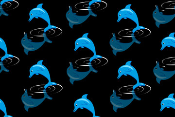 Seamless pattern with dolphin on style black background. Wallpaper and bed linen print.