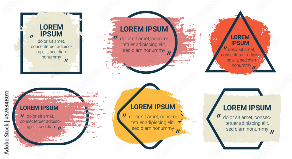 Aufkleber grunge dirty strokes and ink splashes in geometric frames with text and titles