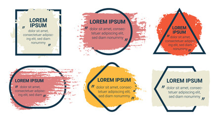 Grunge dirty strokes and ink splashes in geometric frames with text and titles