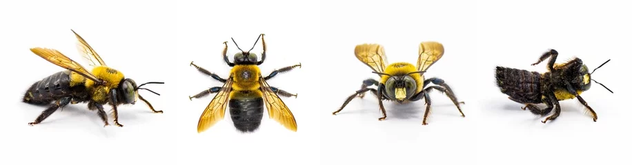 Poster Male Eastern carpenter bee - Xylocopa virginica - 4 views side profile, dorsal top, front, bottom.  Isolated cutout on white © Chase D’Animulls