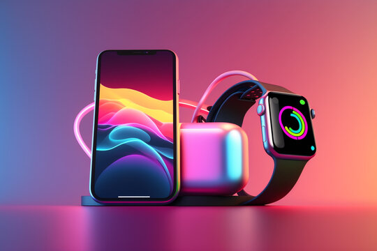 Reverse Bilateral Wireless Charging Concept. iPhone and Apple Watch. Editorial 3D Illustration Concept  