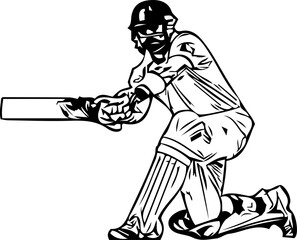 Cricket batsman playing attacking shot vector drawing, cricket batsman silhouette, sweep shot in cricket line art illustration