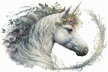 painting of a unicorn done in watercolors. White horse with a floral crown. Generative AI