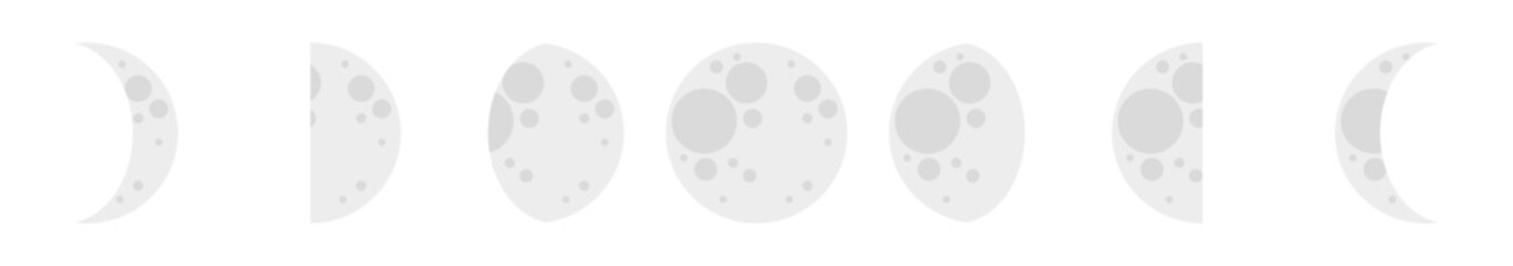 Border illustration with white silver moon phase cycles. Can be used for cards, prints, textile. Isolated vector and PNG illustration on transparent background.