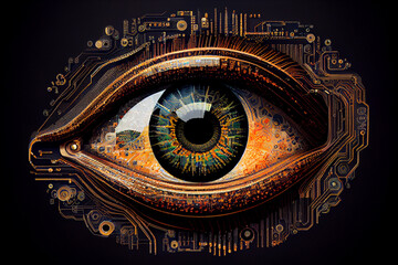 Eye artificial, DNA strand, circuit board. Generative Ai