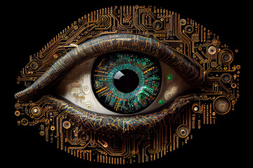 Eye artificial, DNA strand, circuit board. Generative Ai