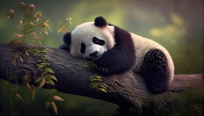 Obraz na płótnie Canvas Tired panda lies down on a branch created with Generative AI