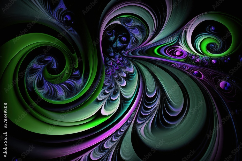 Poster swirls of purple and green on a background of black. useful for setting the mood and conveying abstr
