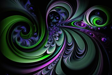 Swirls of purple and green on a background of black. Useful for setting the mood and conveying abstract ideas. Generative AI