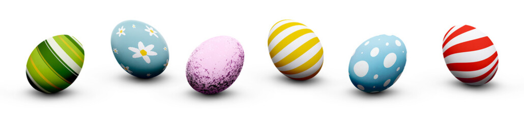 A collection of traditional Easter eggs painted in pastel colours with speckles, stripes and patterns isolated against a transparent background.