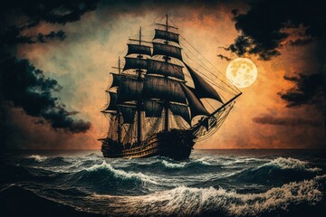 An antique ship rides out a storm in front of a breathtaking sunset. Generative AI