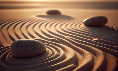 Fototapeta na wymiar Zen stones with lines on sand. Generative AI.