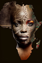 Multiple exposure of a beautiful african woman and map of africa - Ai generative - obrazy, fototapety, plakaty