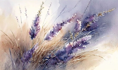  a painting of a bunch of purple flowers on a white background.  generative ai