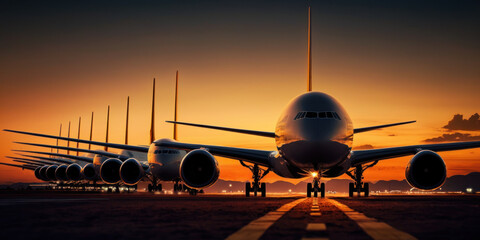 Fototapeta na wymiar many commercial aircraft in a row parked in airport. generative ai