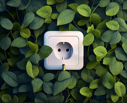 Green electric power socket with fresh leaves. Renewable and saving energy, eco or green power consumption concept