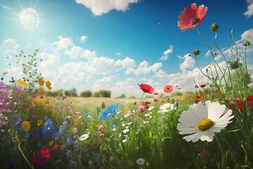 Colorful Flower Meadow in Spring with Blue Sky