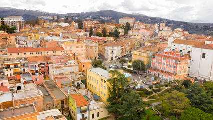 Fototapeta na wymiar Aerial view of the most important square of Genzano di Roma, a small town located in the Metropolitan City of Rome, Italy. The town is part of the Castelli Romani area.