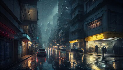 Fototapeta premium Raining cyberpunk street generative ai