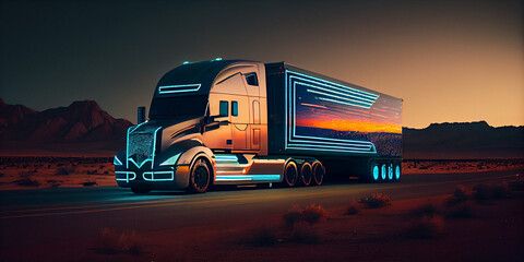 Driverless Autonomous self-driving futuristic truck on highway road