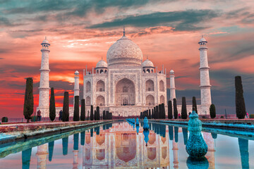 Taj Mahal famous marble mausoleum at sunset, Agra, India