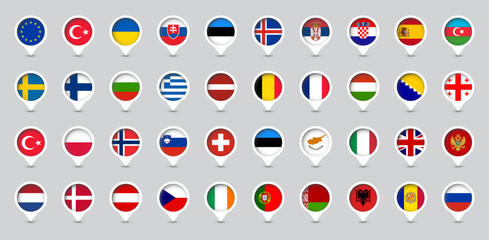 Naklejka premium Location markers with flags of Europe countries. Vector illustration.