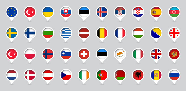 Location markers with flags of Europe countries. Vector illustration.