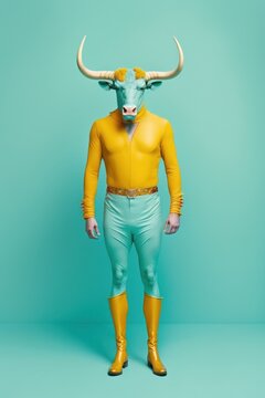 Abstract retro, vintage portrait in yellow blue pastel colors. A bull man in old-fashioned styling stands and poses. Animal concept. Generative AI.