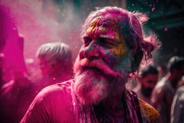 Fototapeta na wymiar Crowd throwing bright coloured powder paint in the air, Holi Festival,generative ai.