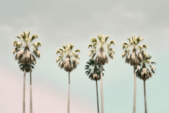 Minimal summer pastel concept, soft colors of tropical background, pastel palm trees and palm leaf. Exotic summer beach concept. Generative AI.