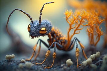 Ant in the power of the mushroom of Cordyceps. Ai generative content