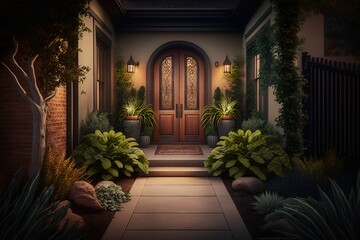 Fototapeta na wymiar Modern Home Pathway to Front Door With Plants at Night 4. Generative AI