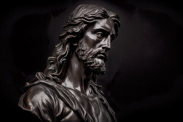 Jesus Christ statue in black background. Generative AI.