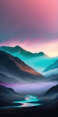 Colorful soft vivid background. High strong mountains on which neon lights and foggy colors are reflected. Soothing landscape. Generative AI.