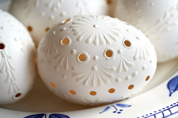 White Easter eggs decorated with wax and drilled holes