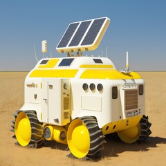 Obraz na płótnie Canvas solar machine in the shape of a tractor yellow big wheels energy high-tech, in sand desert reneawble futuristic agriculture Generative AI