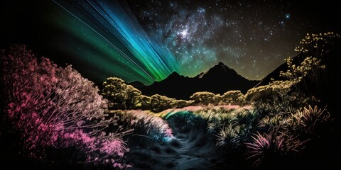 Colorful vivid background. High strong mountains in night, dark sky, stars, neon light colors and collisions of galaxies. Space night northern lights, an amazing sight. Generative AI.