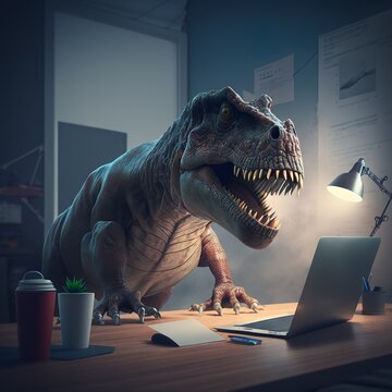 T Rex dinosaur, Tyrannosaurus rex in the room concept. Big aggressive dino is in an office settings sitting at a desk with a laptop and computer working, taking care of business tie Generative AI