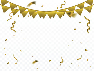 Golden Tiny Confetti And Streamer Ribbon Falling On Transparent Background. Vector