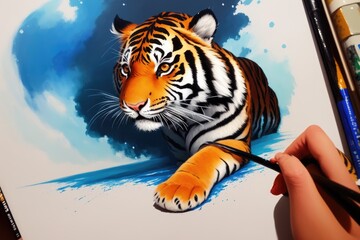 Obraz premium Digital painting of Beautiful tiger relaxing on warm day, Colorful magic tiger, cartoon style drawing, generative ai art illustration